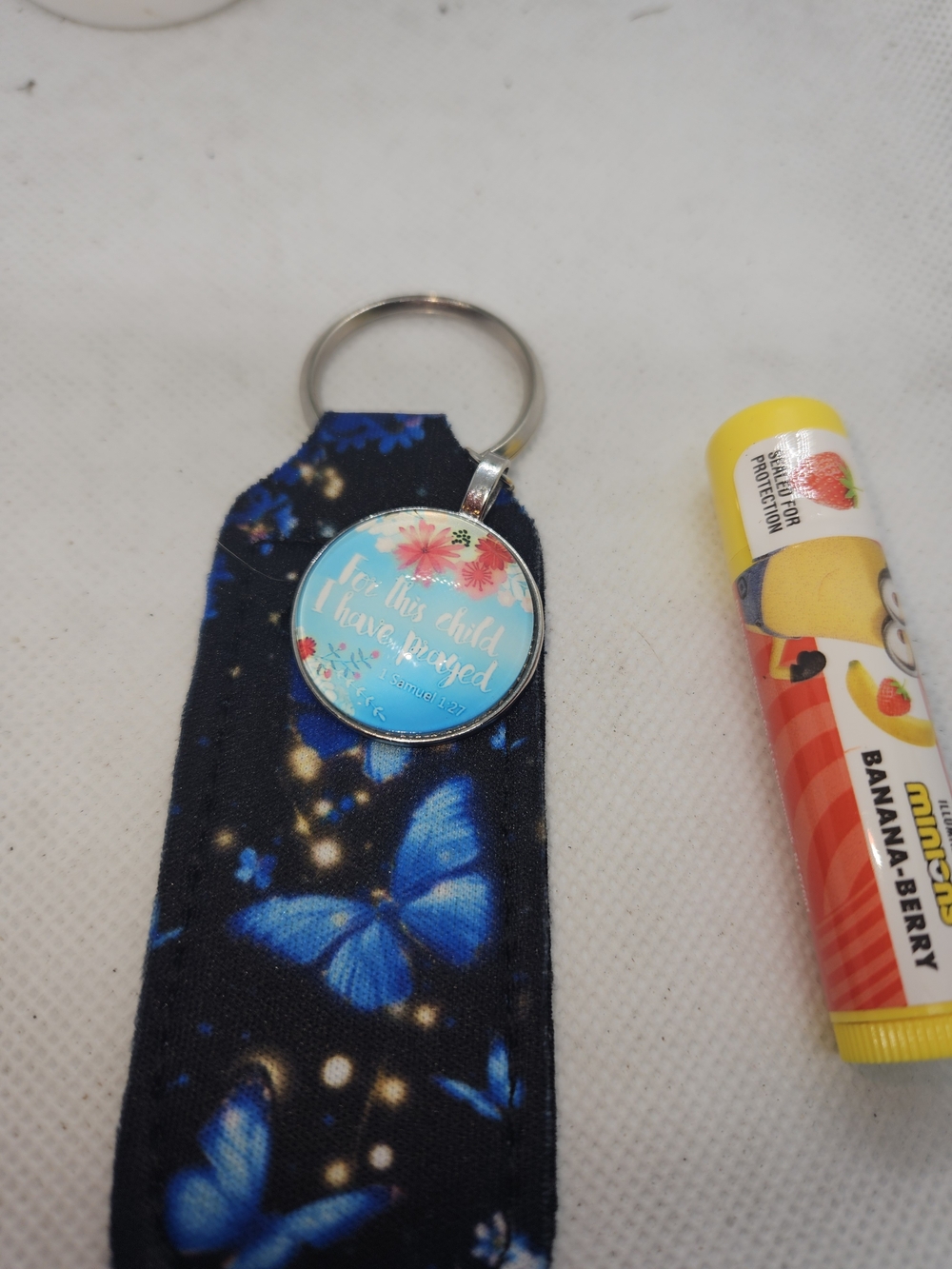 Blue Butterfly Fabric Keychain with Floral Pendant